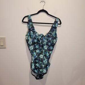 Perona Size 14 Green/Blue Floral Tummy Control Swimsuit